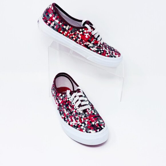 Vans Women Men Red Gray Cream Woven Canvas Lace up Sneaker  Size 8 Women 6.5 Men - Picture 2 of 10